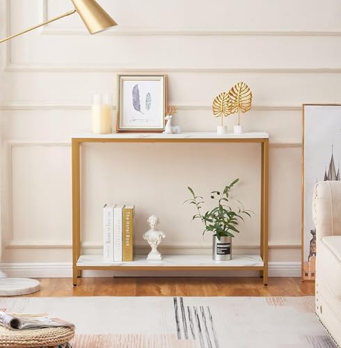 Image of Metal Frame 2-Tier Premium Entryway Table for Living Room, Hallway & Bedroom | Modern Narrow Sofa Console Table for Home & Office Decor | Sturdy & Stylish Accent Table (Gold)