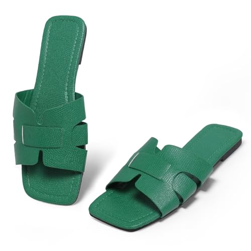 EcooInviv Women's Dressy Casual Flat Sandals, Elegant Comfortable Slip-On Slides with Textured Upper, Versatile Dressy Style for Everyday Wear Green