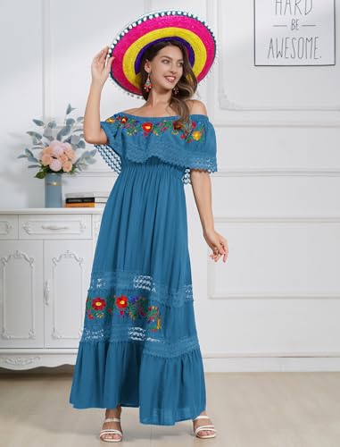 Image of ABEHIK Mexican Dress for Women Traditional Off Shoulder Embroidered Present Casual Lace Long Maxi Dress Cinco de Mayo Outfit