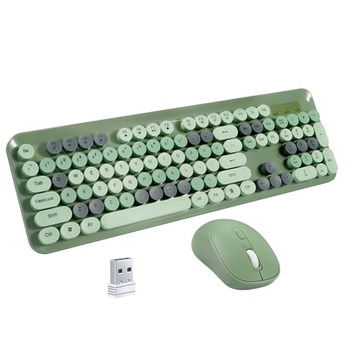 Teclado y mouse inalámbricos para PC, juego retro con 104 teclas redondas y receptor USB 2.4 GHz