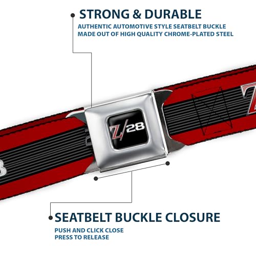 Image of Buckle-Down Seatbelt Belt - 1969 Camaro Z /28 Emblem /Stripe Red /Black /Gray /Silver - 1.5 inch Wide - 24-38 Inches in Length