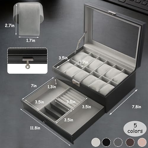Ogrmar Glass, Faux Leather Watch Storage Boxes, Black
