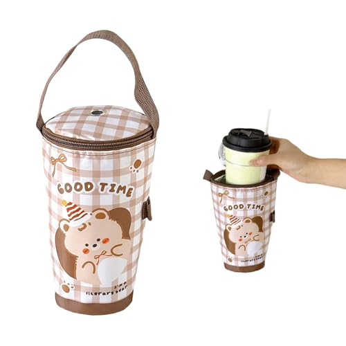 Image of HASTHIP Water Bottle Bag Thermal Drink Carrier Bag Cartoon Cup Bottle Cooler with Handle, Thermal Takeaway Drink Insulation Tote with Zip-up Top & Straw Hole
