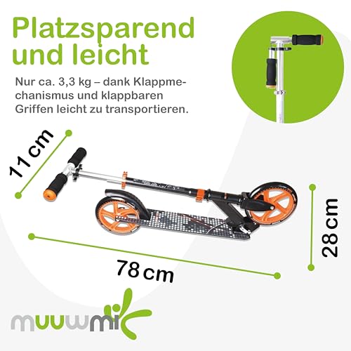 Muuwmi Aluminium Scooter - 200 mm R&auml;der - ABEC 5 Lager - H&ouml;henverstellbarer Lenker - Geeignet f&uuml;r Kinder und Erwachsene - GS-Zertifiziert - Bis zu 100 kg - Tretroller in schwarz-orange