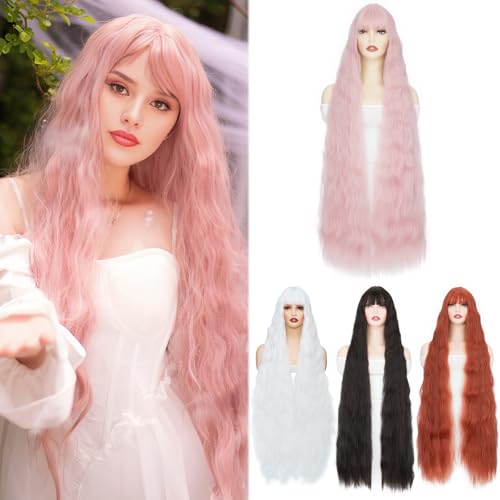 Perruques longues ondulées bouclées pour changer de look en soirée rose