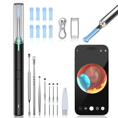 AZHE Pulizia Orecchie Otoscopio, Pulitore Orecchie 1920P HD E Connessione Wifi, Pulisci Orecchie Con 6 LED, IP67 Impermeabile, Compatibile Con iPhone/iPad/Android (Nero)