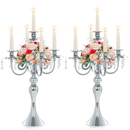 Kolnlala 2 Pcs 20.3'' Tall 5 Arm Silver Candelabra Centerpiece for Table, Metal Crdystal Candle Holder, Retro Candlestick Table Centerpieces for Party, Events, Home, Wedding Decor (2, Silver)