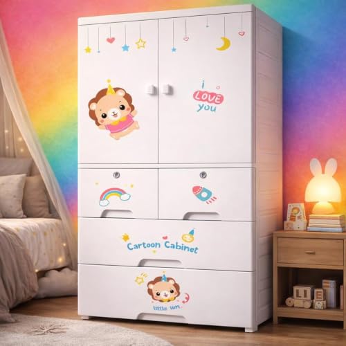Image of Kids Plastic Collapsible Wardrobe Organizer for Storage with Drawers | Cute Cartoon Design | Heavy Duty Runner Rug Floor Mat Carpets Organizer Bedroom, Living Room (HSM-Lion, 1+4-Door)