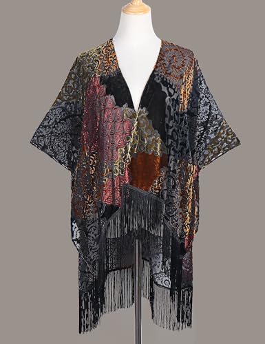 Image of MJ SERECA Women's Burnout Velvet Kimono Cardigan Cover Up with Tassel
