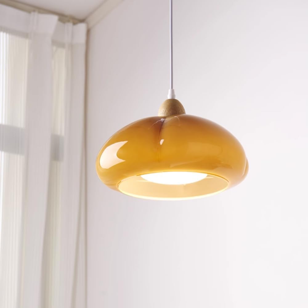 Średniowieczna nordycka minimalistyczna lampa wisząca z białego i pomarańczowego szkła, drewniany klosz dyni, idealna dekoracja do jadalni, sypialni lub korytarza.