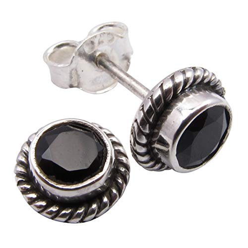 925 Silver Round Faceted Black Onyx Ethnic Stud Post Earrings 0.3