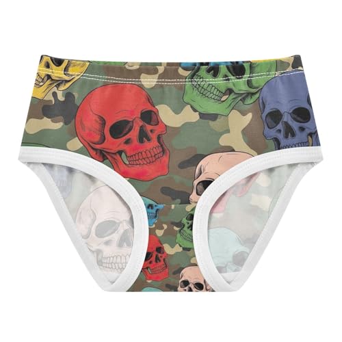 Colorful Skulls Green Camouflage Undies for Toddler Girls, Girls' Cotton Brief Underwear, 2T–8 Years