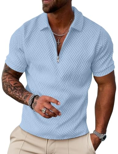 UOUA Mens Zipper Polo Shirts Summer Sweatshirts Soild Color Vintage Striped Geometric Texture Tops Short Sleeve Casual Golf 1/4 Zip T Light Blue XL