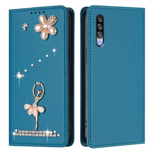 Étui portefeuille Samsung A50 bleu motif danseuse, le cadeau d'anniversaire parfait