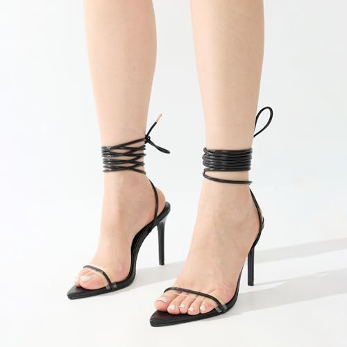 Image of Cape Robbin Women's Lace Up Stiletto Heel Sandals - Pointed Open Toe Clear Strap Ankle Wrap Tie Up High Heels (Moroni)