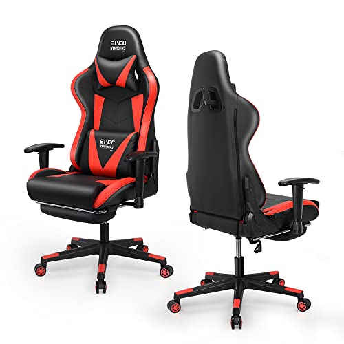 SpecStandard Silla de Gaming - Silla con ruedas cómoda con reposapiés, función de inclinación horizontal, tensión de inclinación ajustable - Negro/Rojo