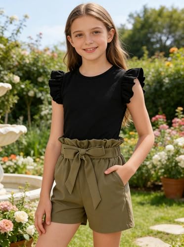 Image of Girls 2 Piece Outfits Summer Ruffle Sleeve Top and High Waisted Striped Shorts Set, Cute Casual Clothes for Girls 7-14 Black Green 9-10 Years