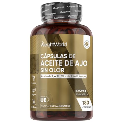 Cápsulas de Aceite de Ajo Puro Desodorizado 15000mg - 180 Cápsulas Blandas Veganas de Fuente Natural de Alicina (3mg) del Extracto de Aceite de Ajo, sin Olor ni Sabor para 6 Meses