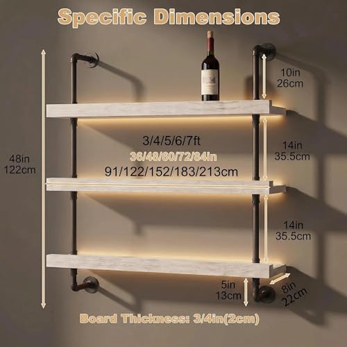 Image of HOUSESET 36 /48 /60 /72 /84in Wine Wall Rack with Led Lights, 3-Tiers Modern Pipe Liquor Bottle Display Shelf, Bar Shelves Wall Mounted for Commercial Bar, Restaurant, Home