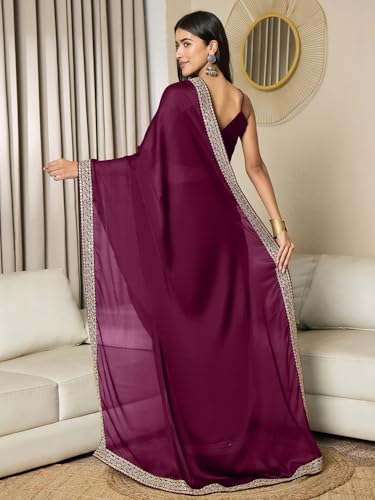 Image of AKHILAM Women's Satin Solid Ready To Wear one Minute Saree with Unstitched Blouse Piece