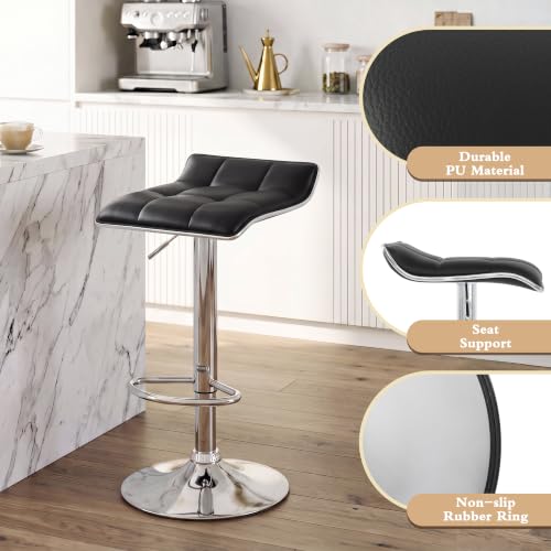 Butacos regulables giratorios NOBPEINT, set de 2, asientos de cuero sintético grueso, altura ajustable con sistema neumático y rotación de 360°, capacidad de 300 lb, para barra doméstica, isla de cocina o cafetería (Negro) miniatura 4