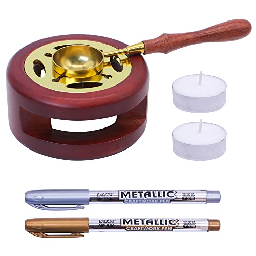 SWANGSA Wax Seal Warmer Kit Sealing Wax Furnace Tool with 2pcs Wax Seal Pens + Wax Seal Spoon and 2pcs Candles for Sealing Wax Stamp Wedding Invitation Envelope Letter (Wood)
