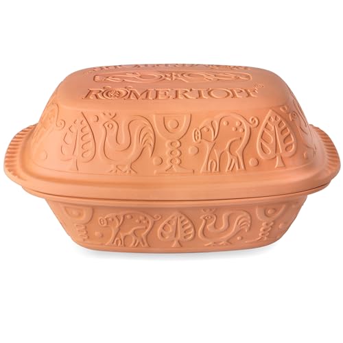 Römertopf Bräter Klassiker aus Naturton, Dampfgarer 4 Liter für bis zu 6 Personen, Keramik-Schmortopf für Backofen & Mikrowelle, Unterteil glasiert, fettarmes Garen,...