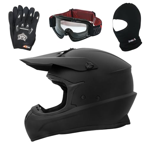 Zorax Matt Black L (59-60cm) ZOR-X305 Motocross Helmet & Gloves L(10cm) & Goggles & Balaclava - MX Quad ATV Sports Enduro Crash Dirt Bike Helmet ECE 22.06 Certified
