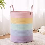 MOJOSCEND 62L Hamper Laundry Basket for Baby Girls Kids Rainbow Nursery Hamper for Clothes Pastel Unicorn Woven Rope Blanket Basket for Toy in Playroom Bedroom Large