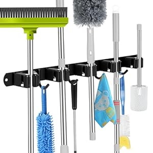 voze Mop and Broom Holder Wall Mount, Self Adhesive Heavy Responsibility Broom Organizer Storage Instrument Racks for Kitchen Backyard Laundry Storage