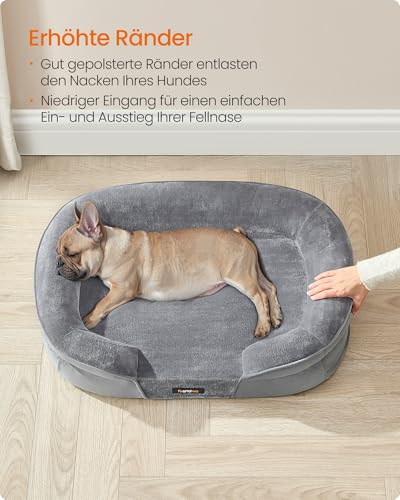 Feandrea Hundebett, Hundekissen, für mittelgroße Hunde, 76 x 51 x 18 cm, orthopädisch, wasserdichte Innenschicht, erhöhte Ränder, Abnehmbarer, waschbarer Bezug, rutschfest, hellgrau PGW281G01