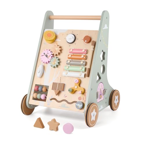 Trotteur en bois pour bébés de 1 à 2 ans, trotteur à pousser Montessori 13 en 1 avec activités d&rsquo;apprentissage multiples, jouet de marche à pousser en bois pour bébés dès 18 mois