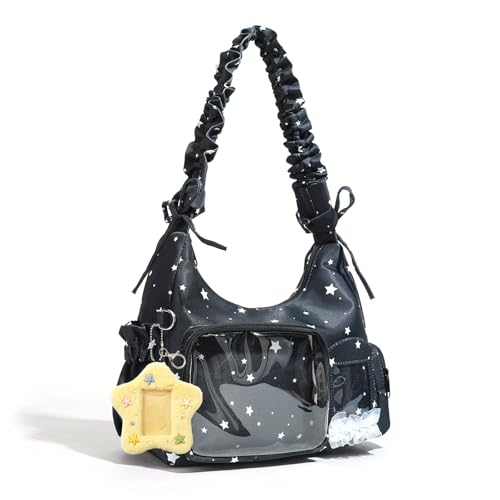 Bolso tipo tote negro con ventana transparente y estampado de estrellas miniatura 1
