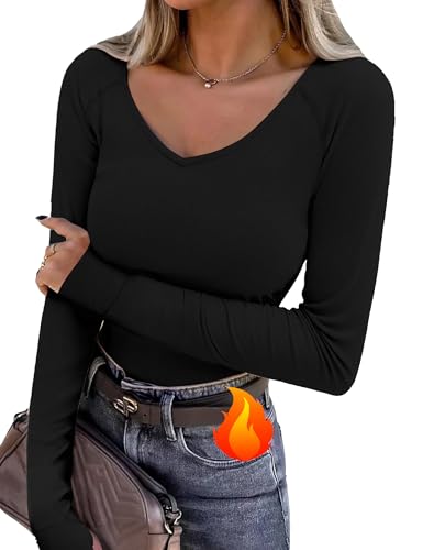 Wayleb Camiseta Térmica Mujer Manga Larga Cuello en V Ajustada Elástica con Agujeros para Los Pulgares Tops Deportivo de Invierno para Running y Gym