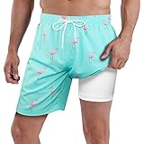 Mens Swimming Underwear Liner Mens Swimsuit with Boxer Brief Liner 7 inch Inseam Swim Trunks Green Flamingo Size XLarge