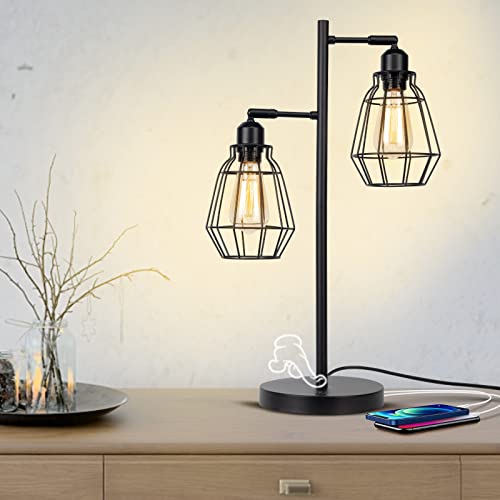 FIRVRE lampe de table industrielle avec 2 élégantes têtes de cage en forme de goutte d'eau, base robuste Lampe à mât vintage stable, parfaite pour la chambre à coucher rustique de la ferme ou Cover