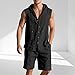 Mens Short Sets Outfits Mens Summer Outfits Linen 2 Piece Set Casual Button Down Hoodie and Shorts Summer Fashion Vacation Clothes 01# Black L