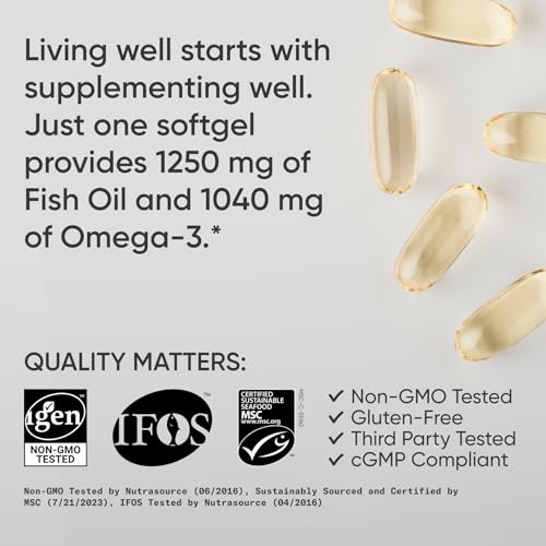 sports research triple strength omega 3 fish oil - burpless fish oil supplement wepa amp dha fatty acids from single-source wild alaskan pollock - 1250 mg 180 ct