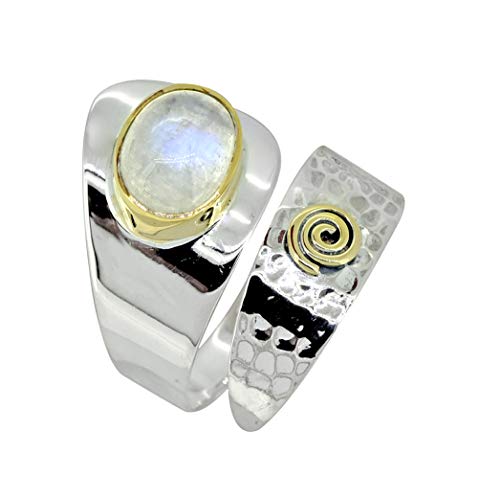 YoTreasure Rainbow Moonstone Ring Solid 925 Sterling Silver With Brass Accents
