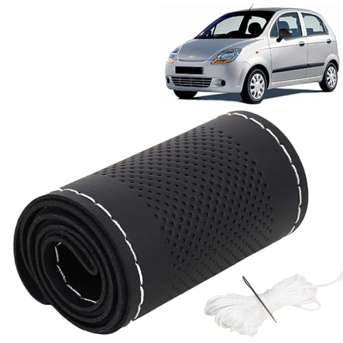 Image of KINGSWAY PU Leatherite Car Steering Cover Sewable Compatible with Chevrolet Spark (Year 2005-2009), Black Color with Silver Thread, Pack of 1 with Sewing Needle and Thread