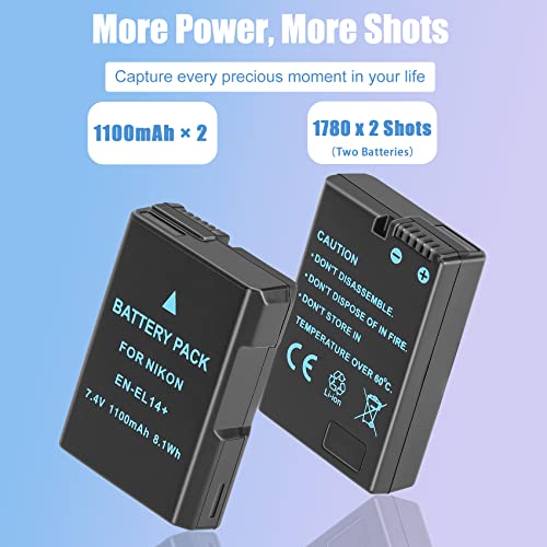 2-Pack EN-EL14 EN-EL14a Replacement Battery Dual USB Charger Set Compatible for Nikon D3200, D5600, D3500, D3300, D3400, D3100, D5100, D5200, D5300, DF Coolpix P7000 P7100 P7700 P7800 Cameras