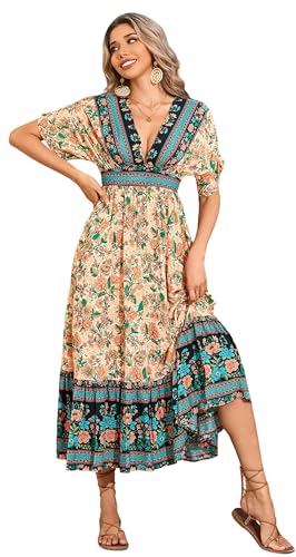 Image of R.Vivimos Women's Boho Floral Print Midi Dress with Pockets