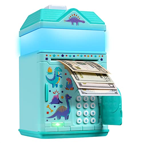 OYE HOYE Dinosaur Piggy Bank for Boys, ATM Piggy Bank for Real Money, Toys for Boys Girls Kids Children Birthday, Cash Coin Can with LED Night Light, 10 Musics and Auto Money Scroll