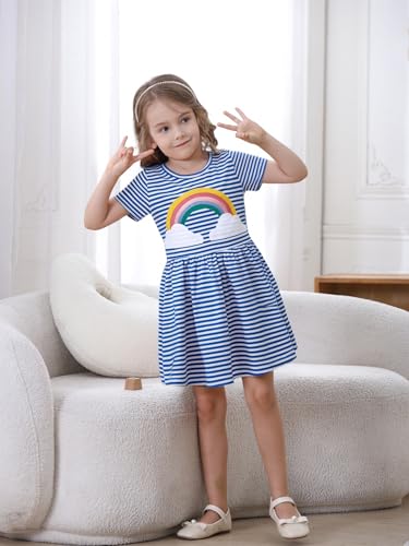 Image of Hongshilian Little Girls Cotton Casual Dress Cartoon Print T-Shirt Short Sleeve Skirt Dresses