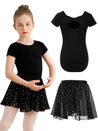 Eisnnu Kinder Ballettkleidung Mädchen Zweiteilig Ballettkleid Baumwolle Kurzarm Balletttrikot Mit Pailletten Chiffonrock Tütü (DE/NL/SE/PL, Numerisch, 120, Regular, Schwarz)