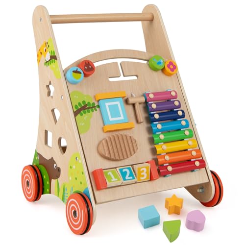 BABY JOY Wooden Baby Walker, Push and Pull Sit to Stand Learning Activity Center, Montessori Educational Toy, Push Walker with Wheels & Storage for Boys Girls