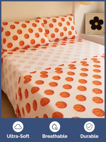 Image of Kids Queen Size Basketball Bed Sheets - 4 Piece Kids Basketball Sheet Set - Sporty Hoops Bedding - Ultra-Soft, Cute & Cozy - Breathable & Machine Washable - Bed Set for Boys, Girls, Teens & Toddlers