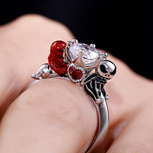 Image of Jeulia Hug Me Magic of Love Skull Couple Round Cut Sterling Silver Ring for Women Wife Girlfriend Engagement Wedding Anniversary Christmas Birthday With Jewelry Box