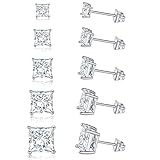 GEMSME 18K Gold Plated Princess Cut Clear Cubic Zirconia Stud Earrings Pack of 5… (white gold)