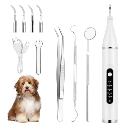 Aomig Kit di Pulizia dei Denti per Animali Domestic, Kit Pulizia Denti Cane per Tartaro e Macchie, Spazzolino Ultrasuoni Cane con Luce LED, 5 Modalità di Pulizia, Kit Rimuovere Macchie di Denti